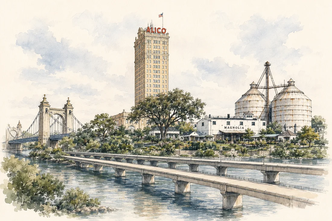 Watercolor montage of Waco: the Twin Bridges, ALICO building, Magnolia Silos and the historic Suspension Bridge.